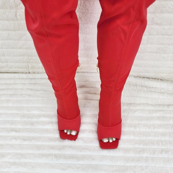 Vicky Bright Red Open Square Toe Stretch Thigh High Heel Sock Boots - Picture 4 of 6